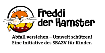 Freddi der Hamster Logo. Darunter die Aufschrift "Abfall verstehen, Umwelt schützen! Eine Initiative des SBAZV für Kinder."