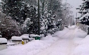 Verschneite Straßen mit Mülltonnen