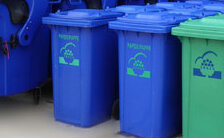 Grüne und blaue Abfallbehälter
