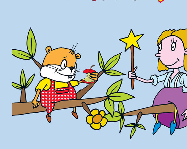 Grafik Freddi der Hamster mit Fee Lilli auf einem Ast sitzend