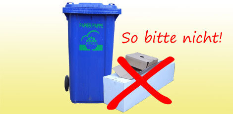 Grafik: Neben einer blauen Papiertonne liegen Pappkartons, die mit einem roten Kreuz durchgestrichen wurden