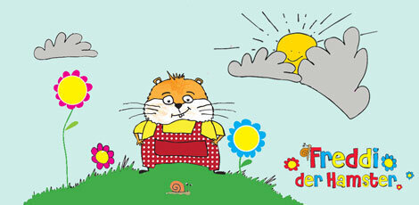 Illustration von Freddi dem Hamster auf einer grünen Wiese an einem sonnigen Tag